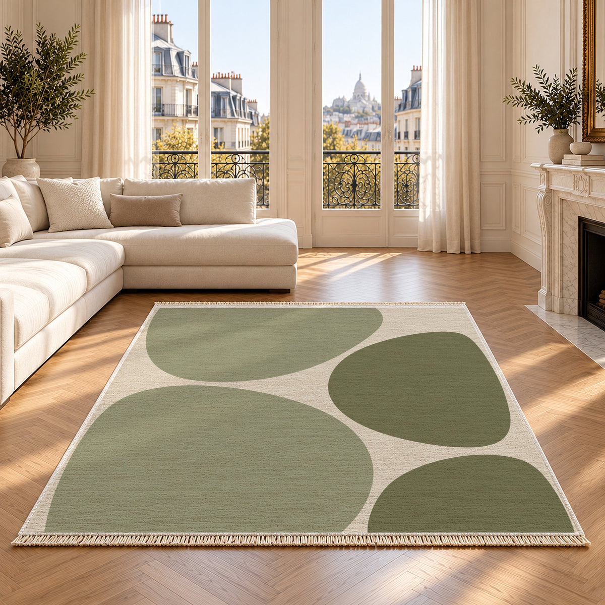 Pebble Forms Ivory & Sage washable rug on an oak floor