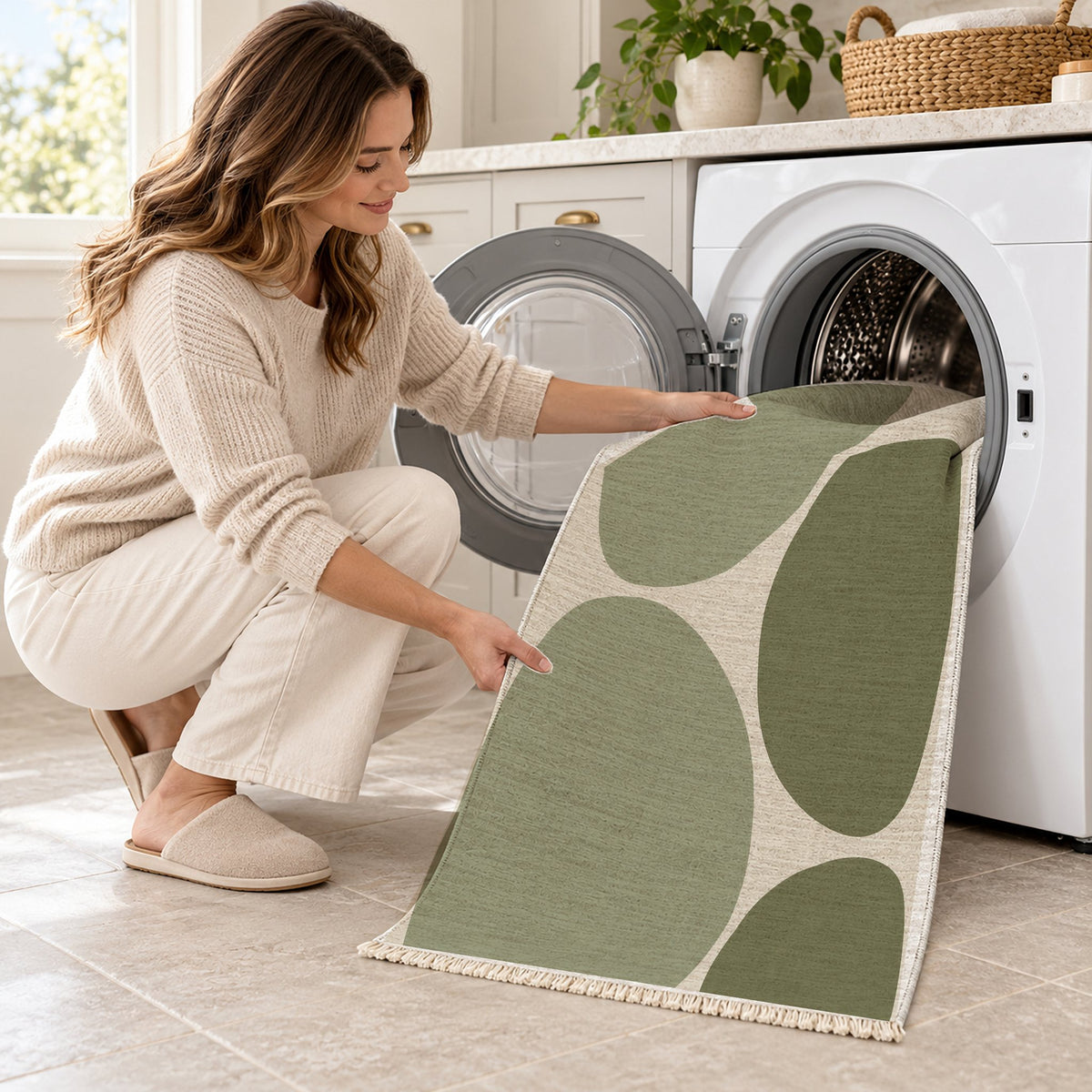 Pebble Forms Ivory & Sage washable rug being loaded into a washing machine