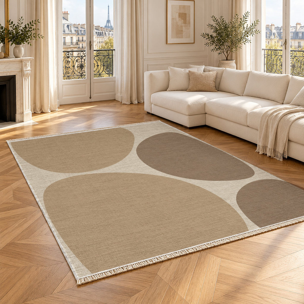 Pebble Forms Ivory & Sand washable rug angled room view