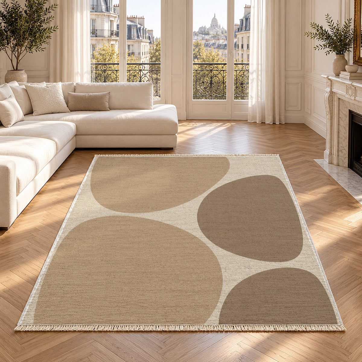Pebble Forms Ivory & Sand washable rug in a Paris living room