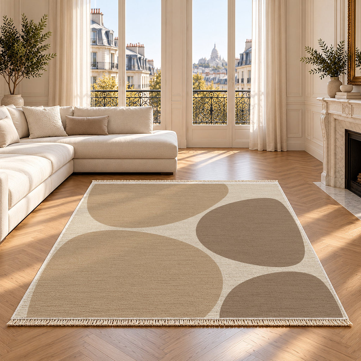 Pebble Forms Ivory & Sand washable rug on an oak floor