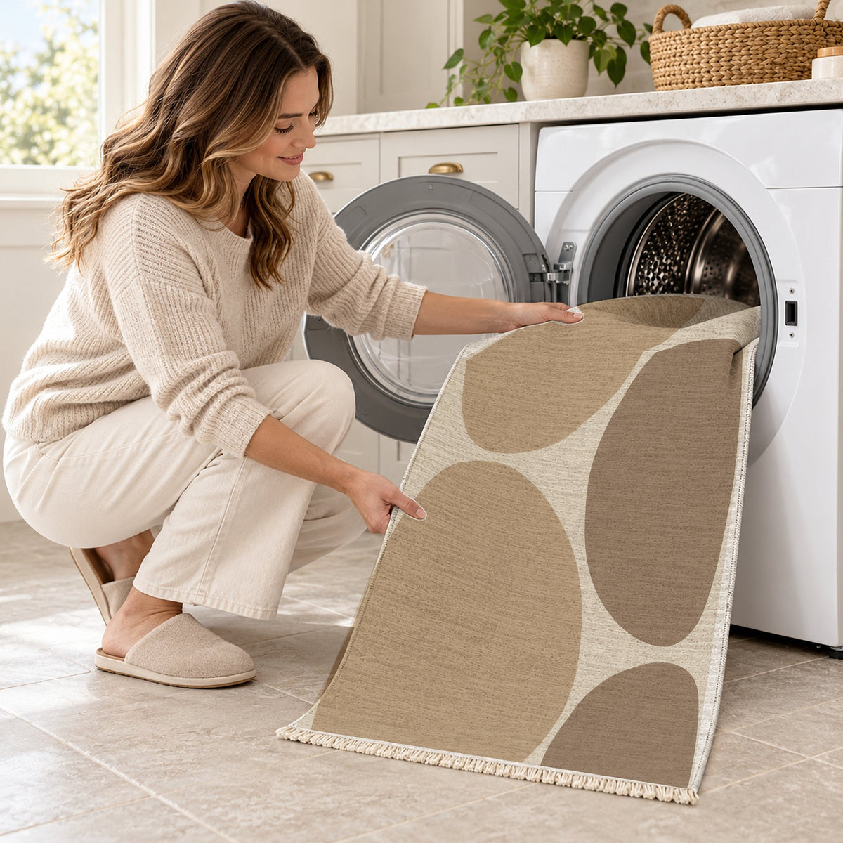 Pebble Forms Ivory & Sand washable rug being loaded into a washing machine