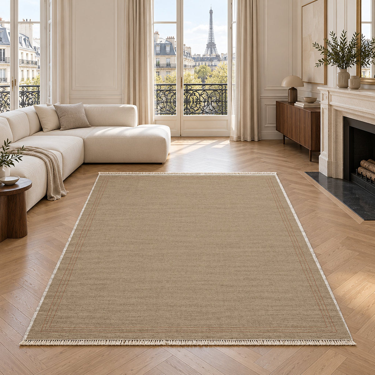 Pencil Edge Sand & Terracotta washable rug in a living room with an Eiffel Tower view