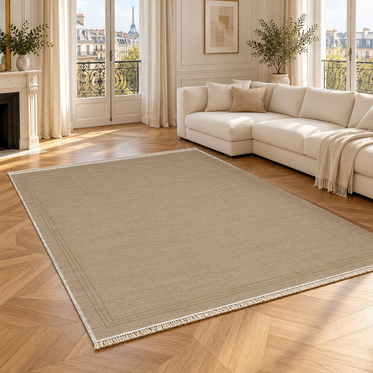 Pencil Edge Sand & Terracotta washable rug angled room view