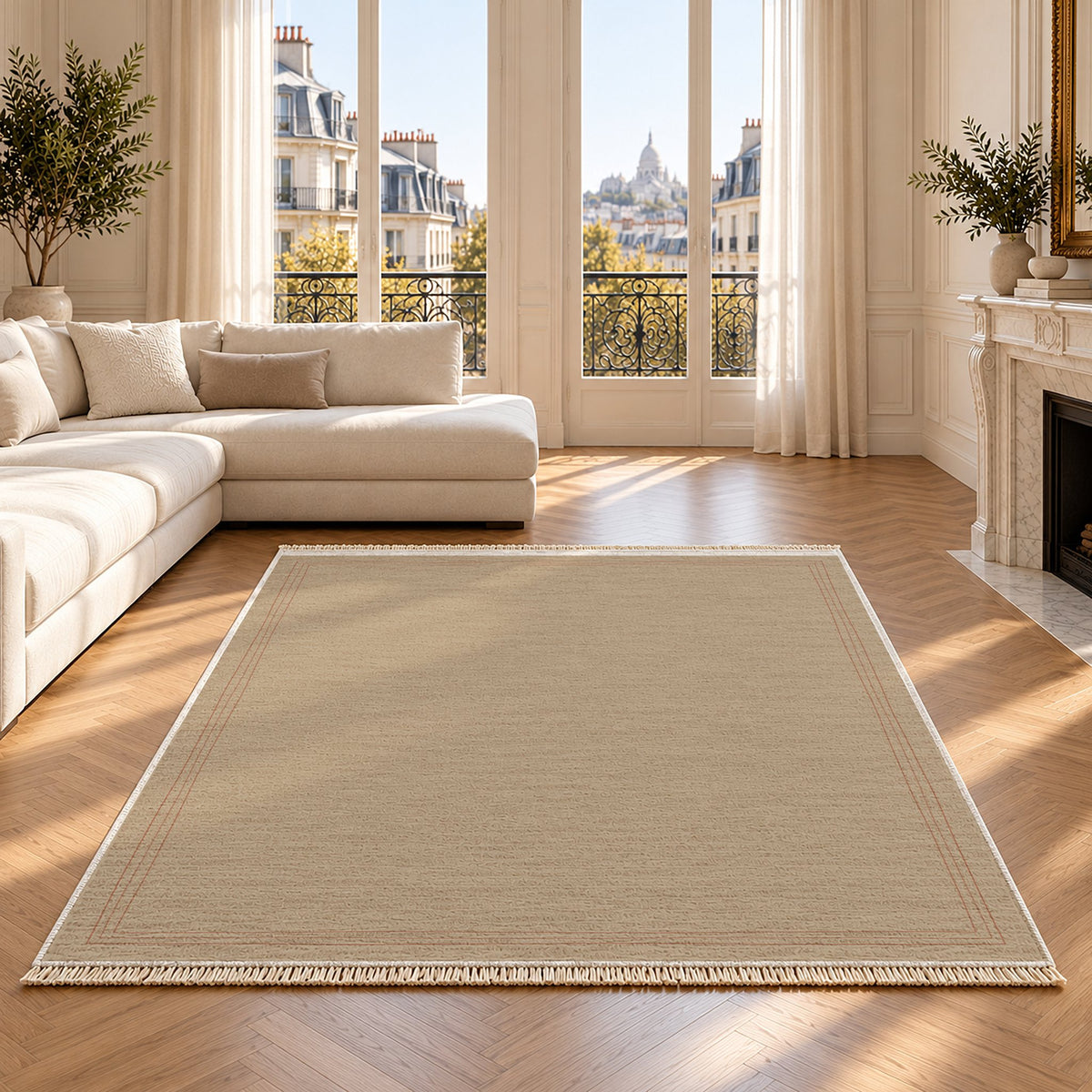 Pencil Edge Sand & Terracotta washable rug on an oak floor