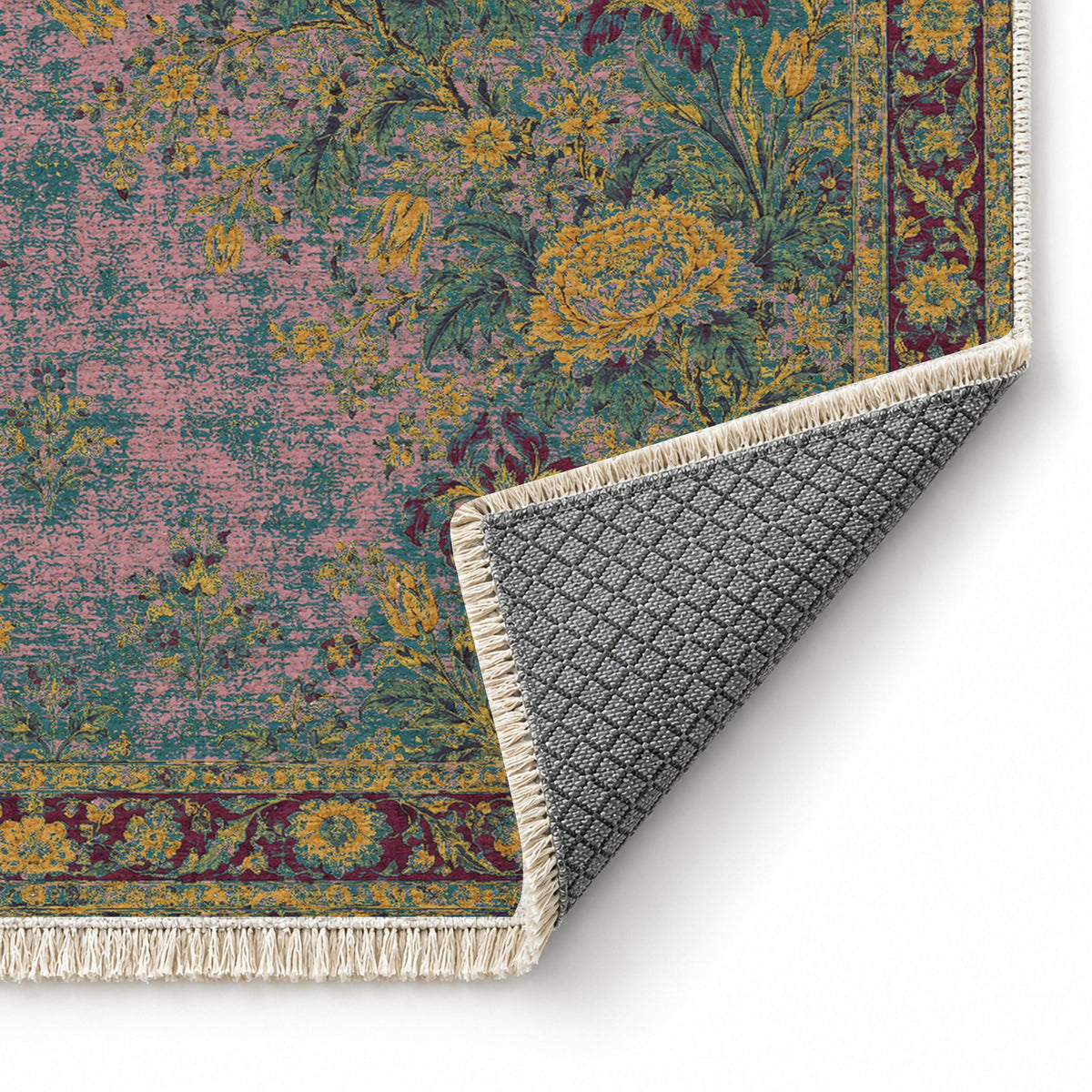 Peony Cascade Burgundy & Teal washable rug folded corner showing the backing