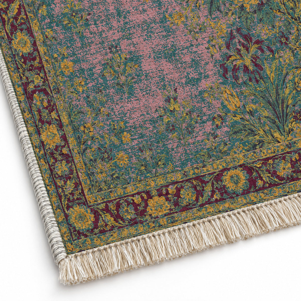 Peony Cascade Burgundy & Teal washable rug close-up of the printed chenille