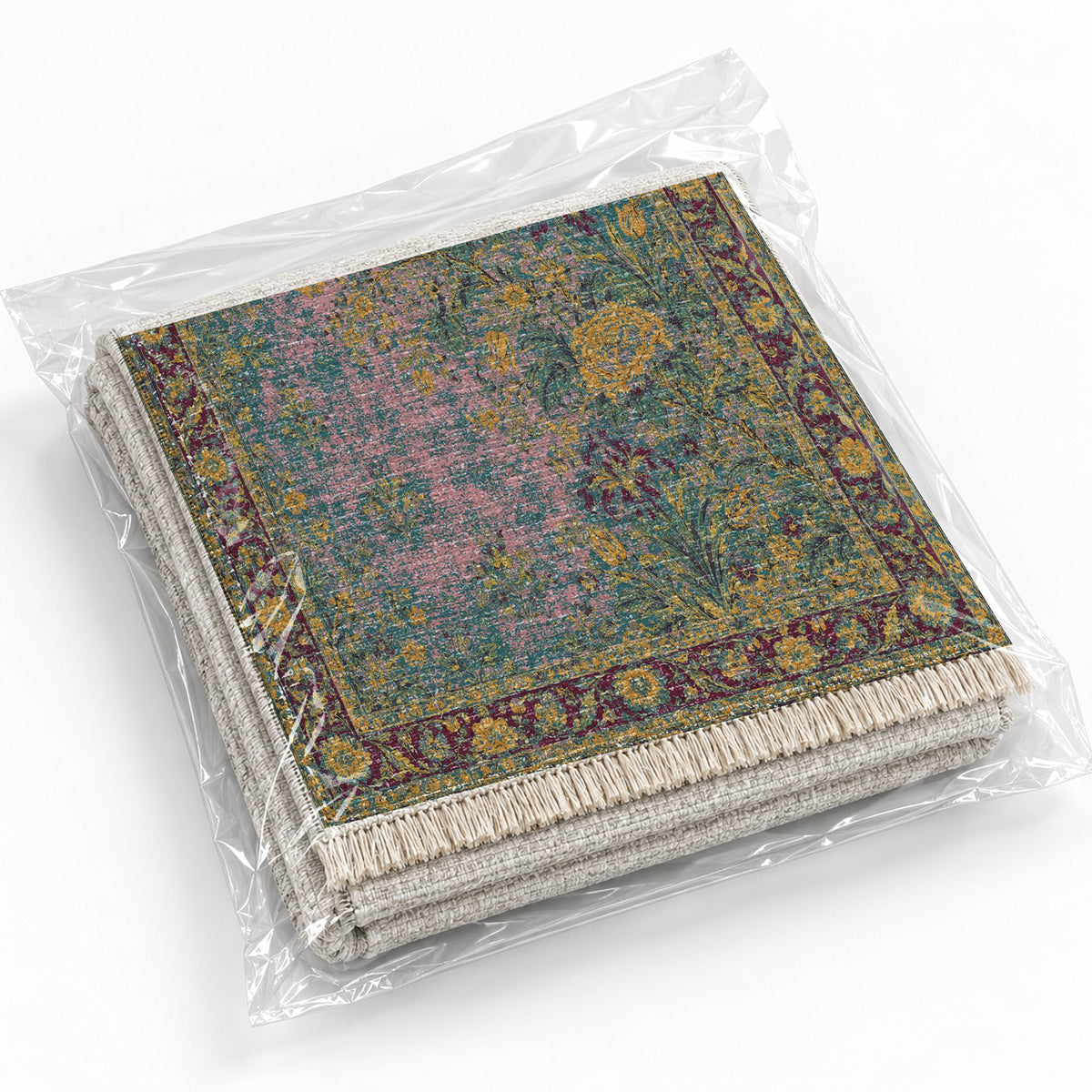 Peony Cascade Burgundy & Teal washable rug rolled and packaged