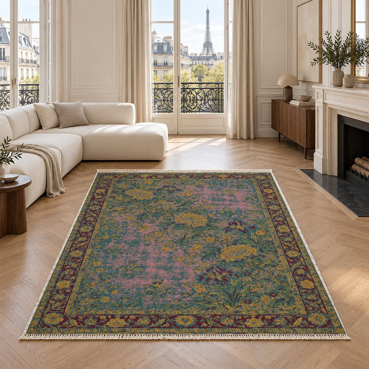 Peony Cascade Burgundy & Teal washable rug in a living room with an Eiffel Tower view