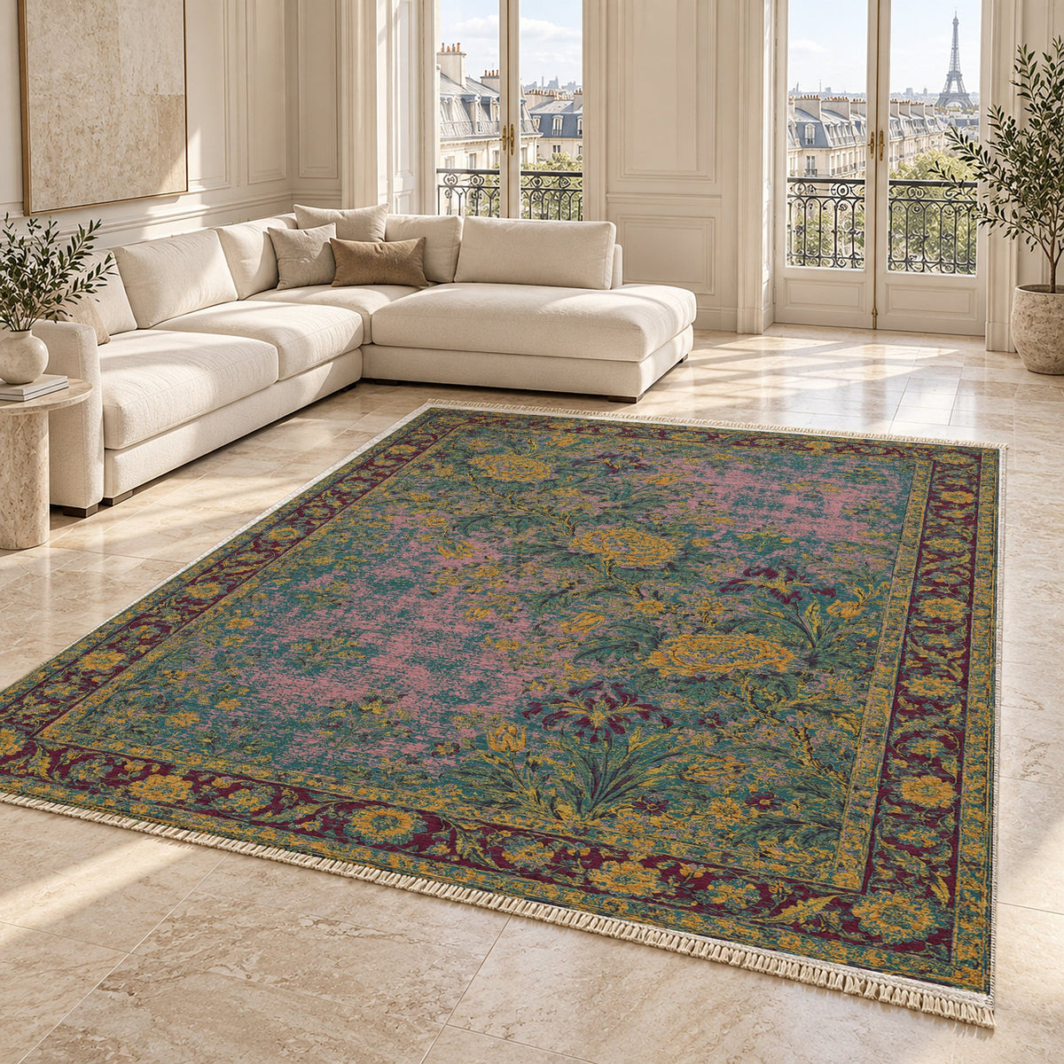 Peony Cascade Burgundy & Teal washable rug angled room view on marble