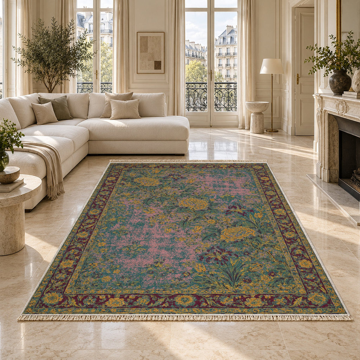Peony Cascade Burgundy & Teal washable rug on a marble floor