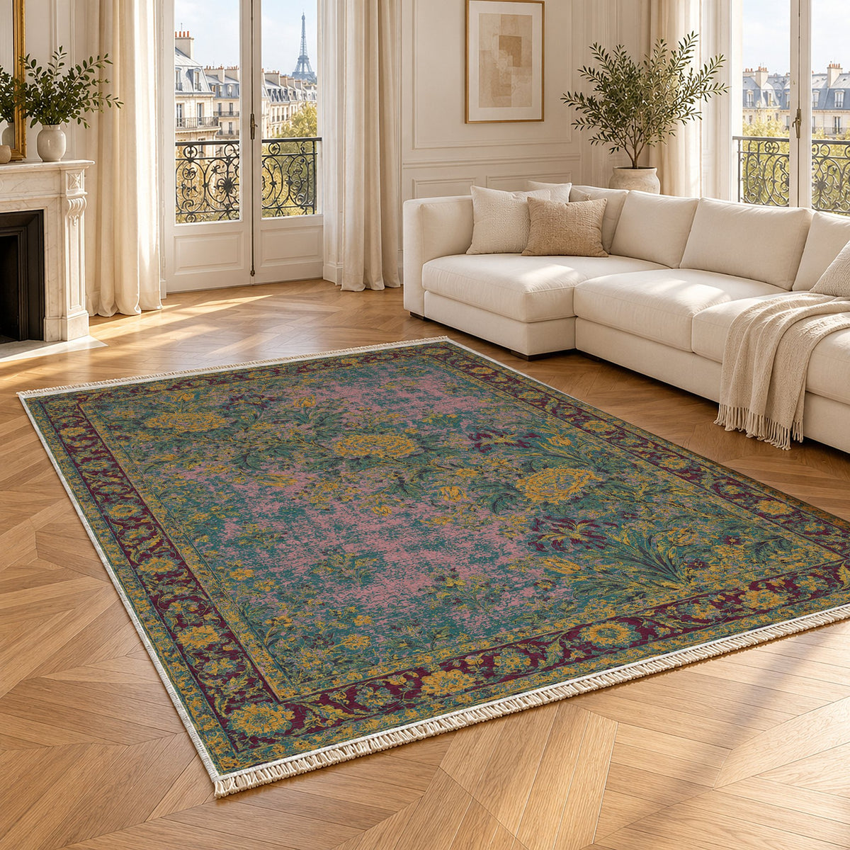 Peony Cascade Burgundy & Teal washable rug angled room view