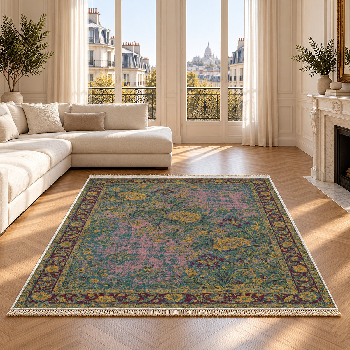 Peony Cascade Burgundy & Teal washable rug on an oak floor