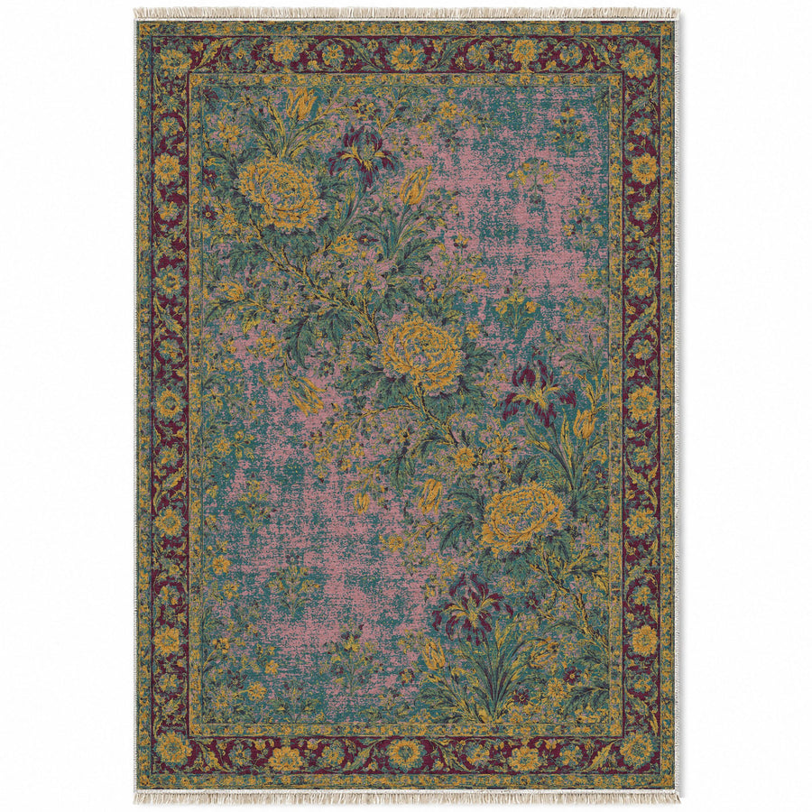 Peony Cascade Burgundy & Teal Mughal Washable Rug