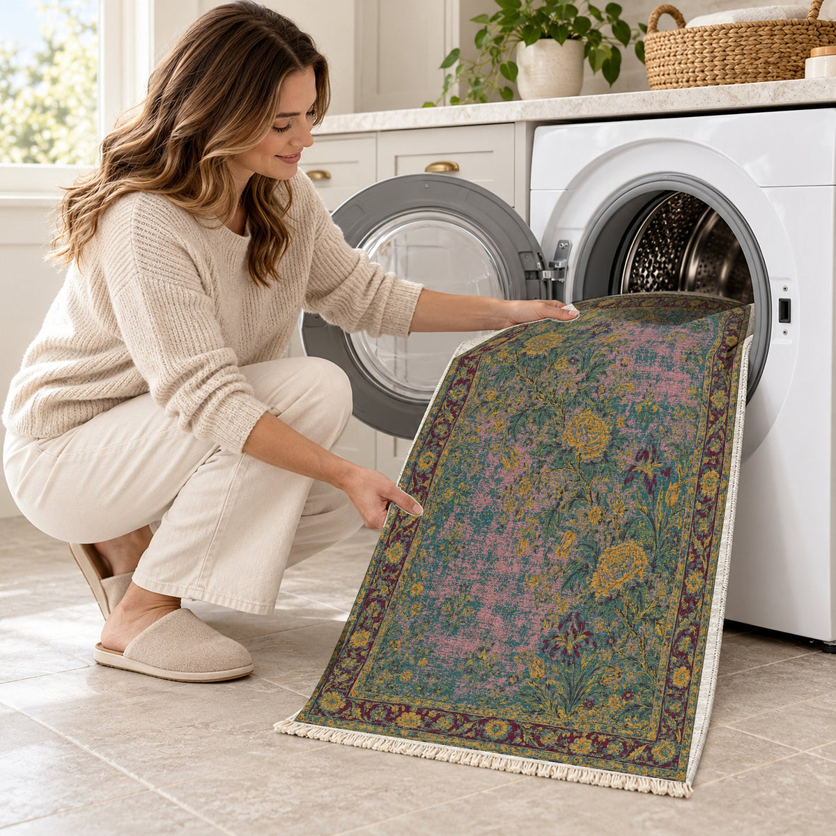 Peony Cascade Burgundy & Teal washable rug being loaded into a washing machine