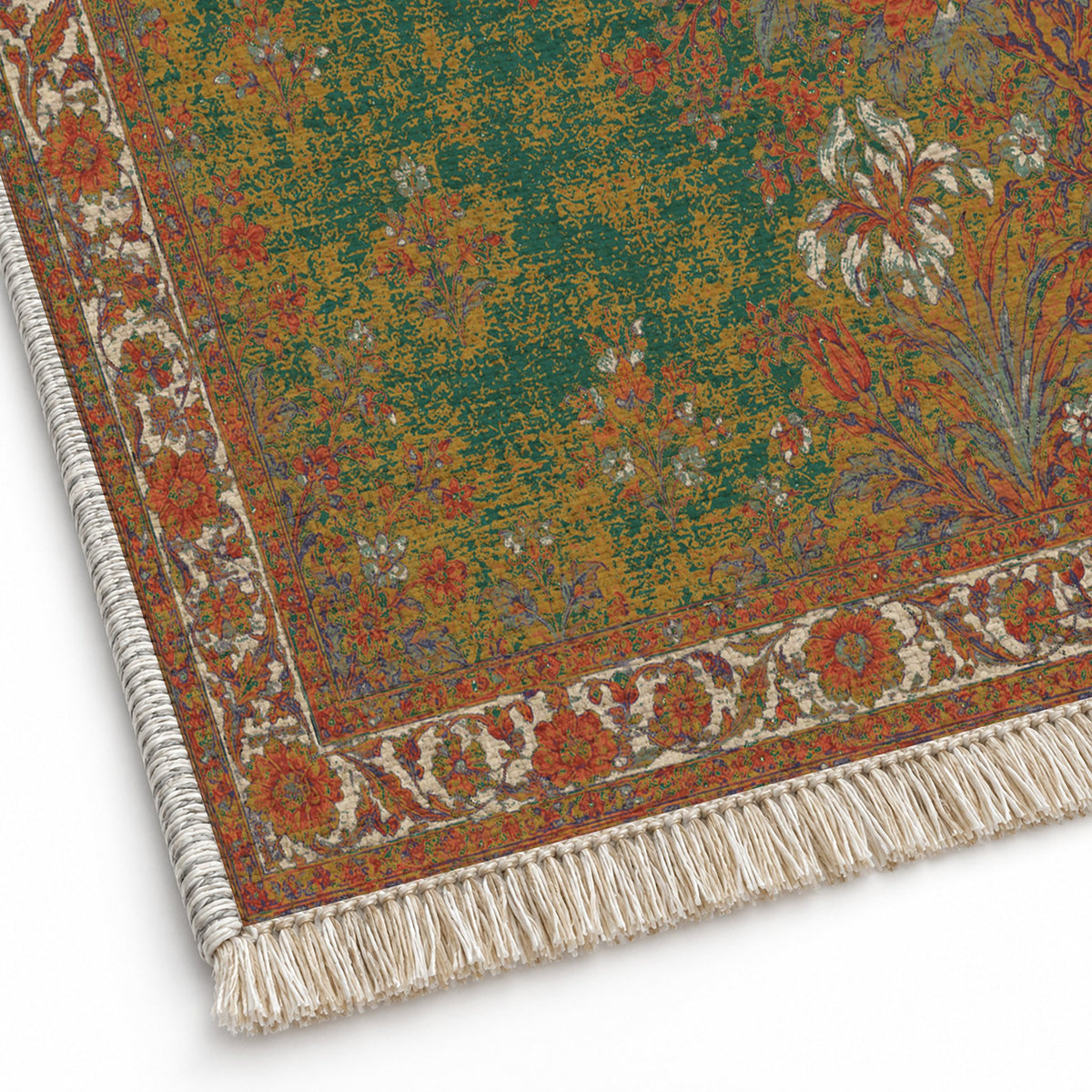 Peony Cascade Emerald & Terracotta washable rug close-up of the printed chenille