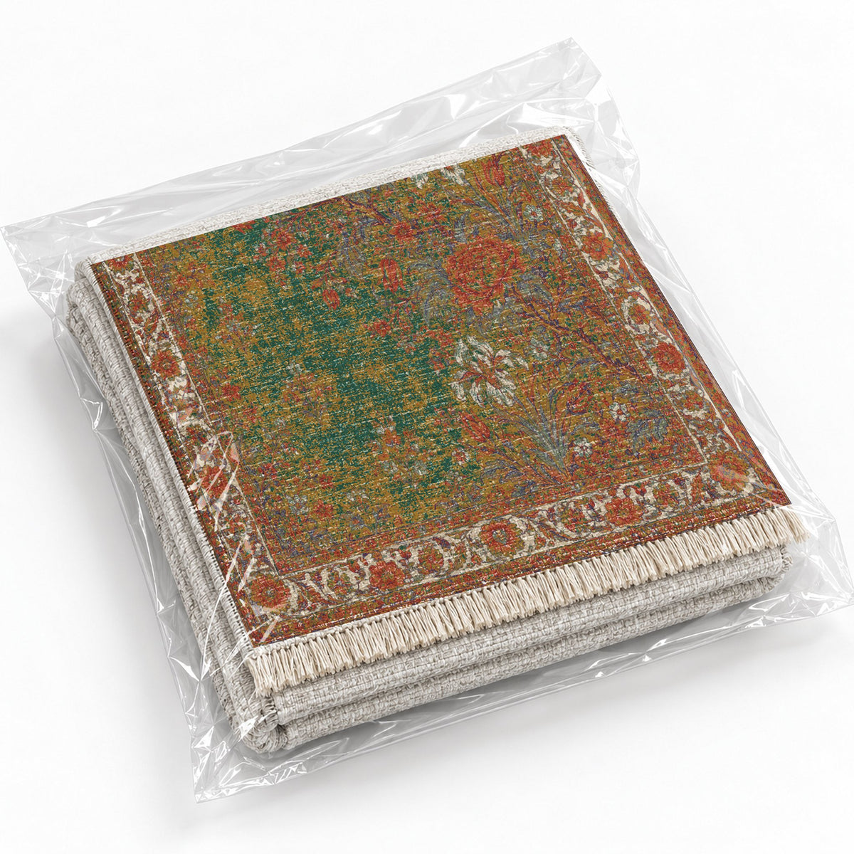 Peony Cascade Emerald & Terracotta washable rug rolled and packaged