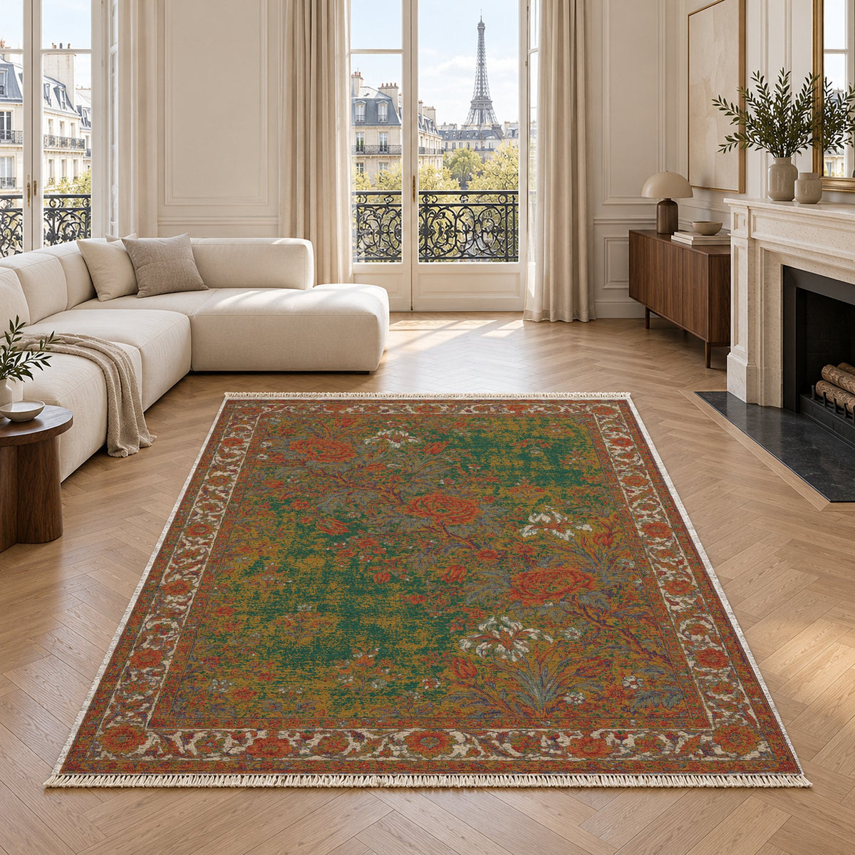 Peony Cascade Emerald & Terracotta washable rug in a living room with an Eiffel Tower view