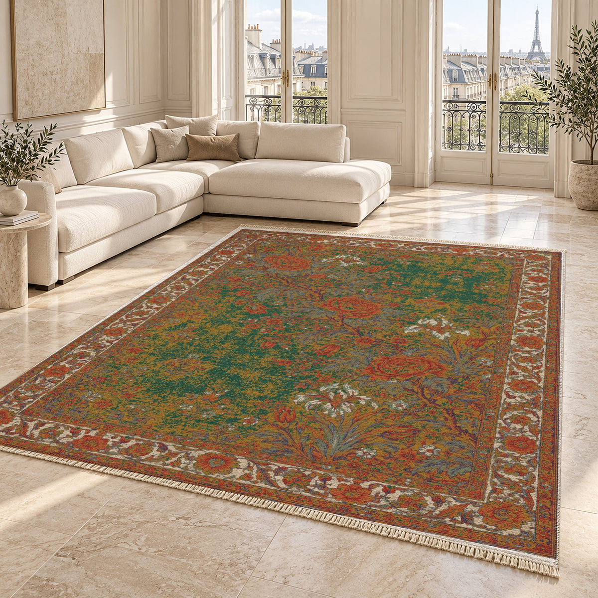 Peony Cascade Emerald & Terracotta washable rug angled room view on marble