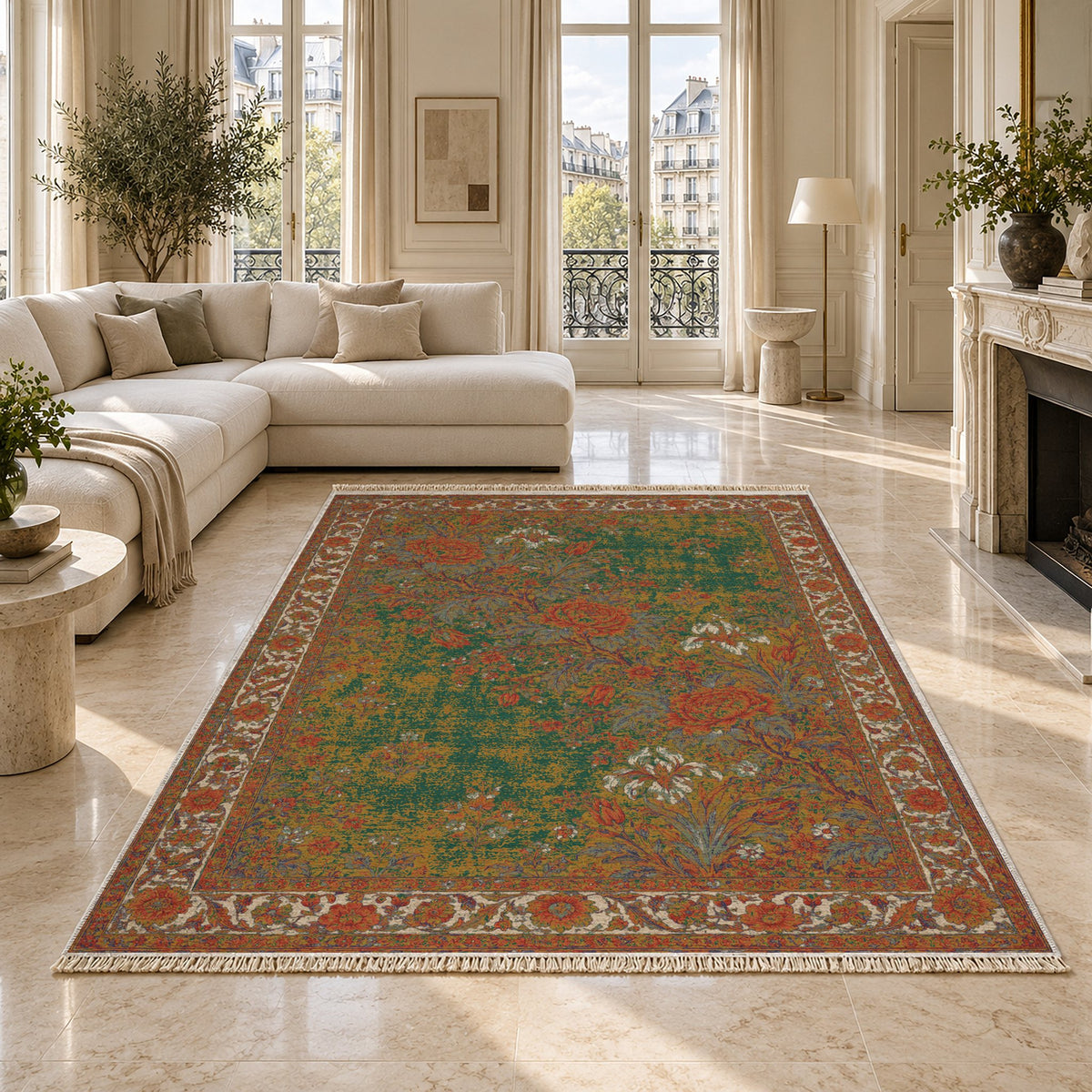 Peony Cascade Emerald & Terracotta washable rug on a marble floor