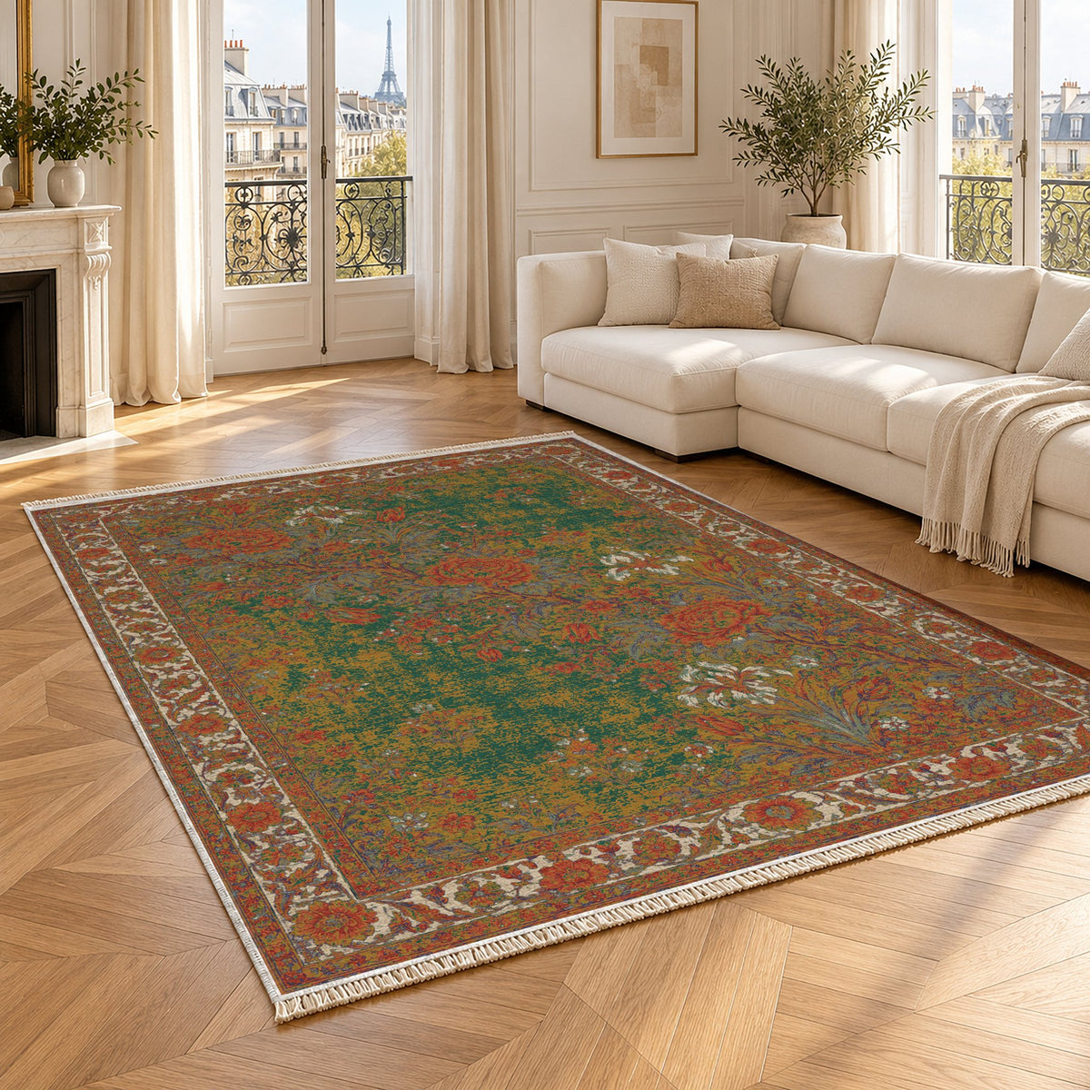 Peony Cascade Emerald & Terracotta washable rug angled room view