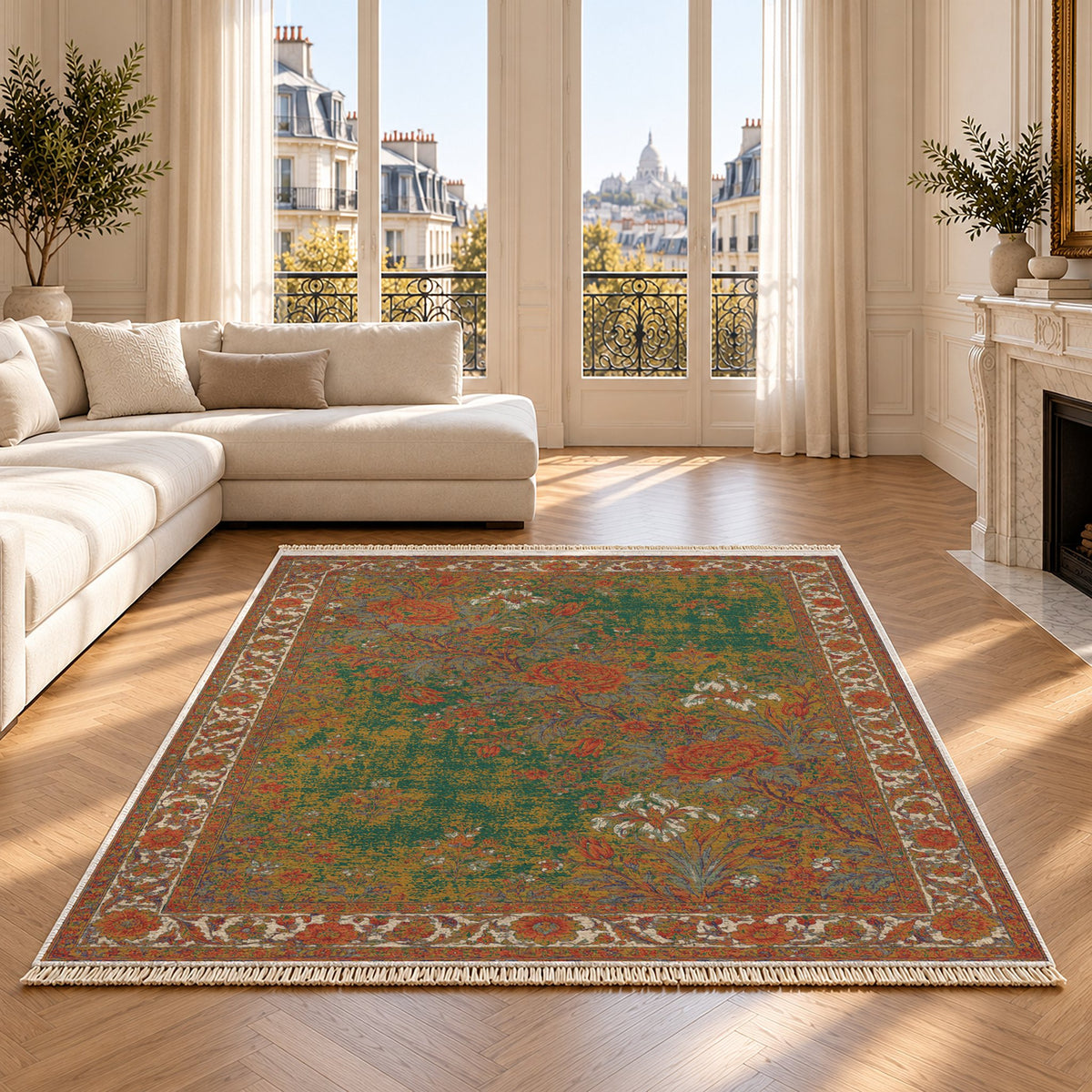 Peony Cascade Emerald & Terracotta washable rug on an oak floor