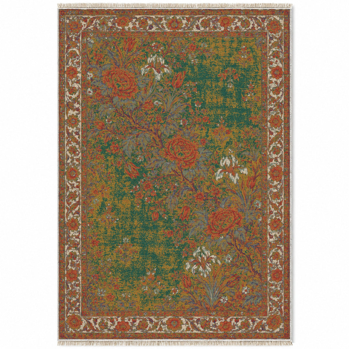 Peony Cascade Emerald & Terracotta washable rug top view