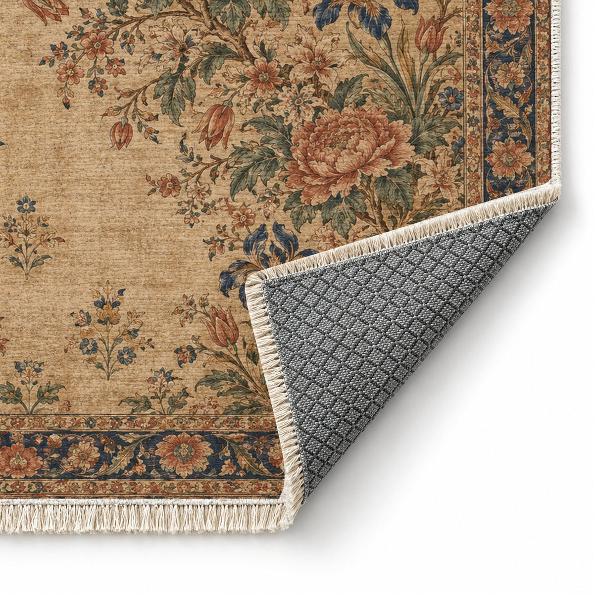 Peony Cascade Indigo & Rust washable rug folded corner showing the backing