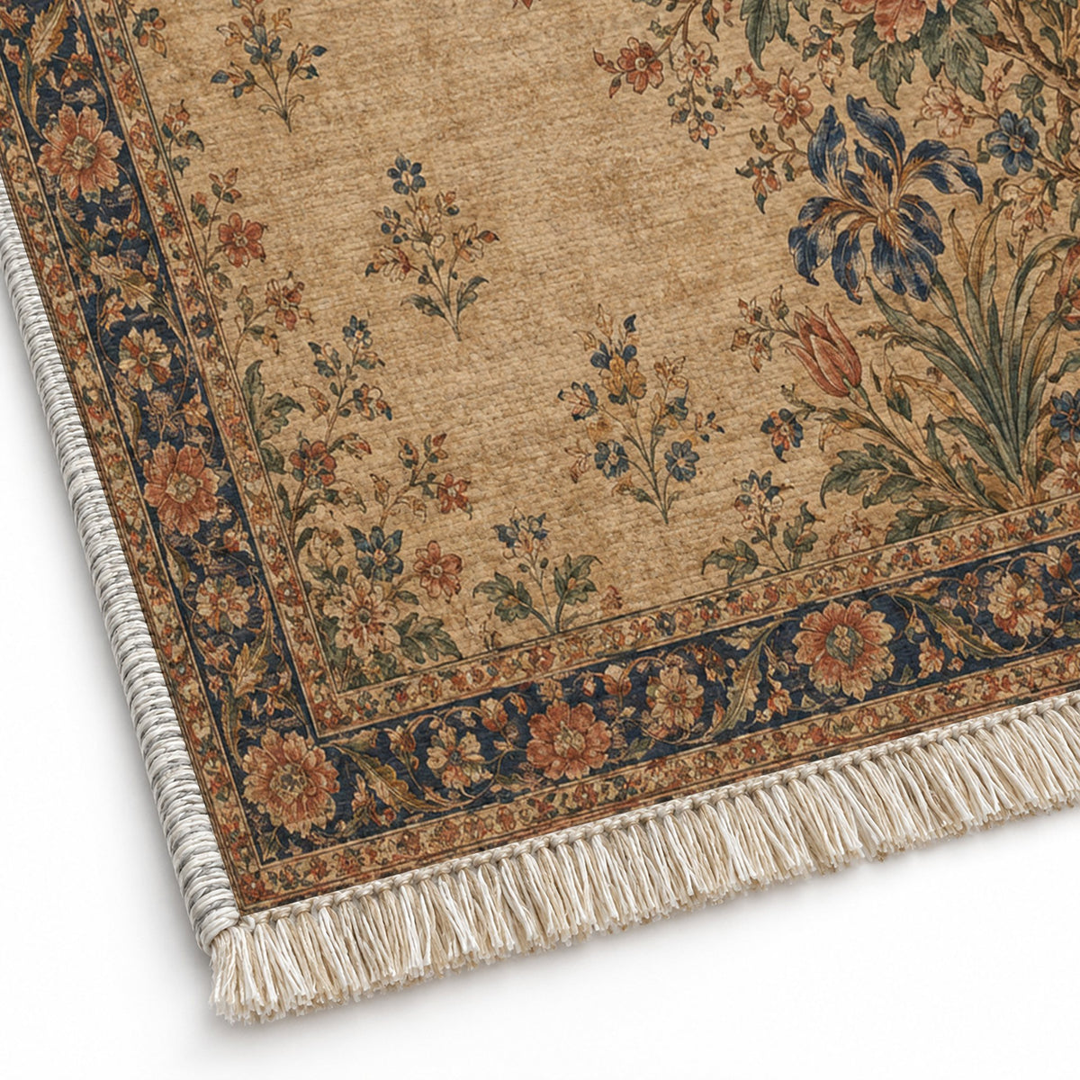 Peony Cascade Indigo & Rust washable rug close-up of the printed chenille