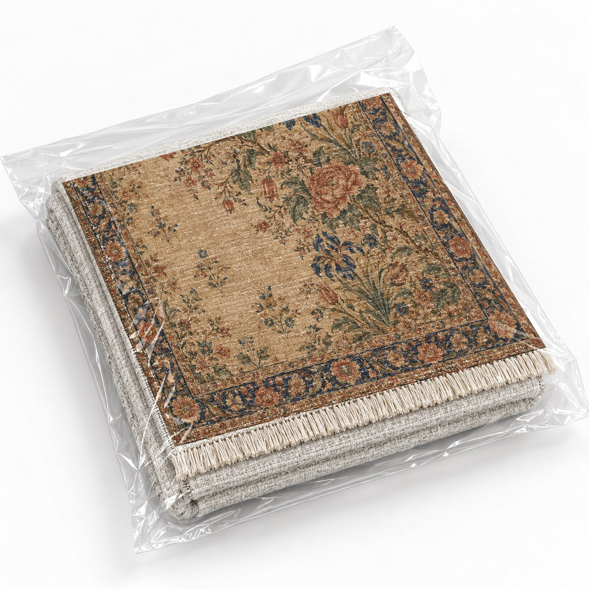 Peony Cascade Indigo & Rust washable rug rolled and packaged