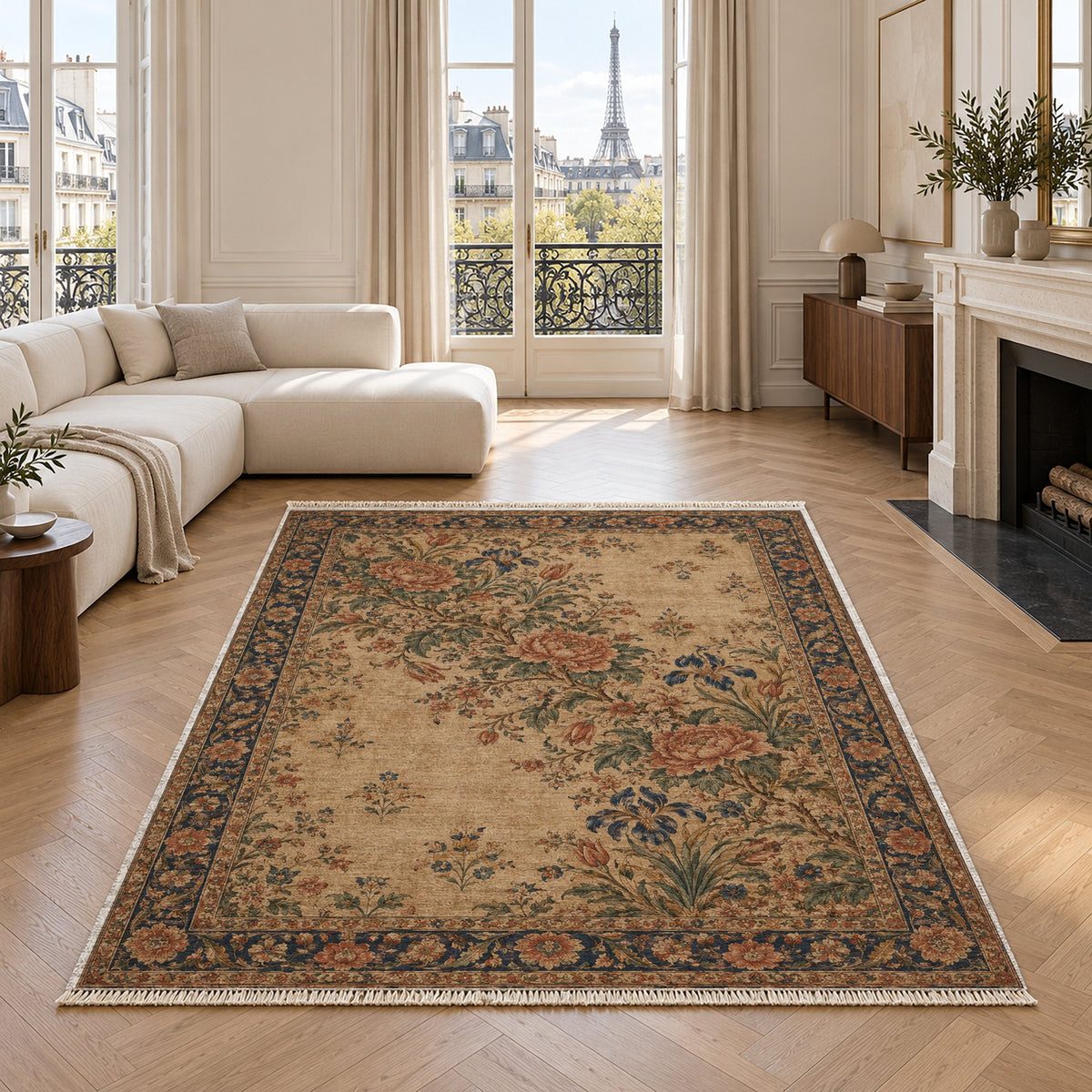 Peony Cascade Indigo & Rust washable rug in a living room with an Eiffel Tower view