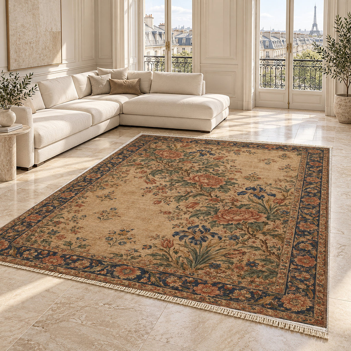 Peony Cascade Indigo & Rust washable rug angled room view on marble