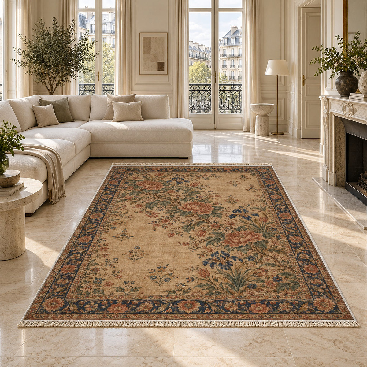 Peony Cascade Indigo & Rust washable rug on a marble floor