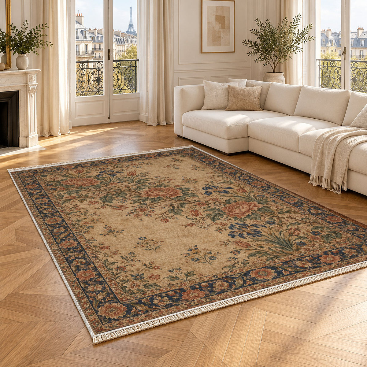 Peony Cascade Indigo & Rust washable rug angled room view