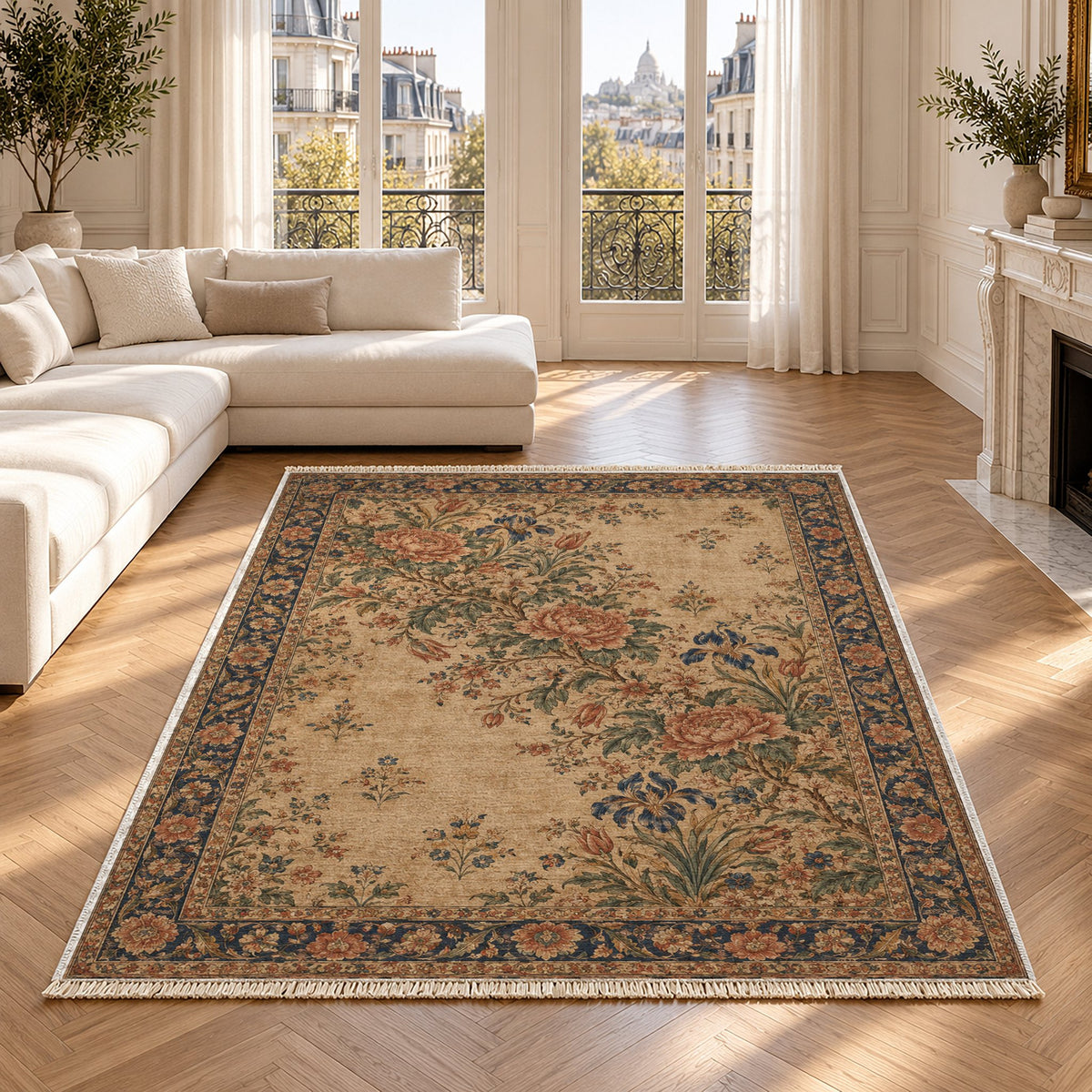 Peony Cascade Indigo & Rust washable rug in a Paris living room