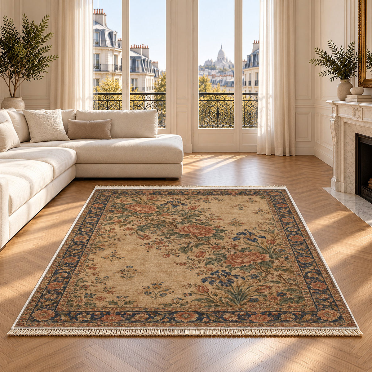 Peony Cascade Indigo & Rust washable rug on an oak floor