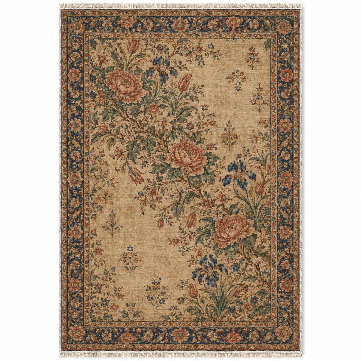 Peony Cascade Indigo & Rust washable rug top view