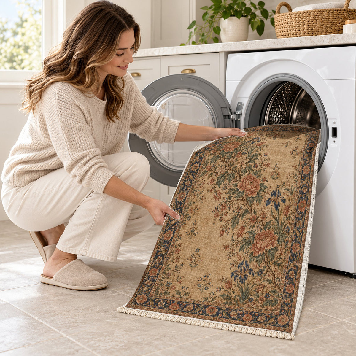 Peony Cascade Indigo & Rust washable rug being loaded into a washing machine