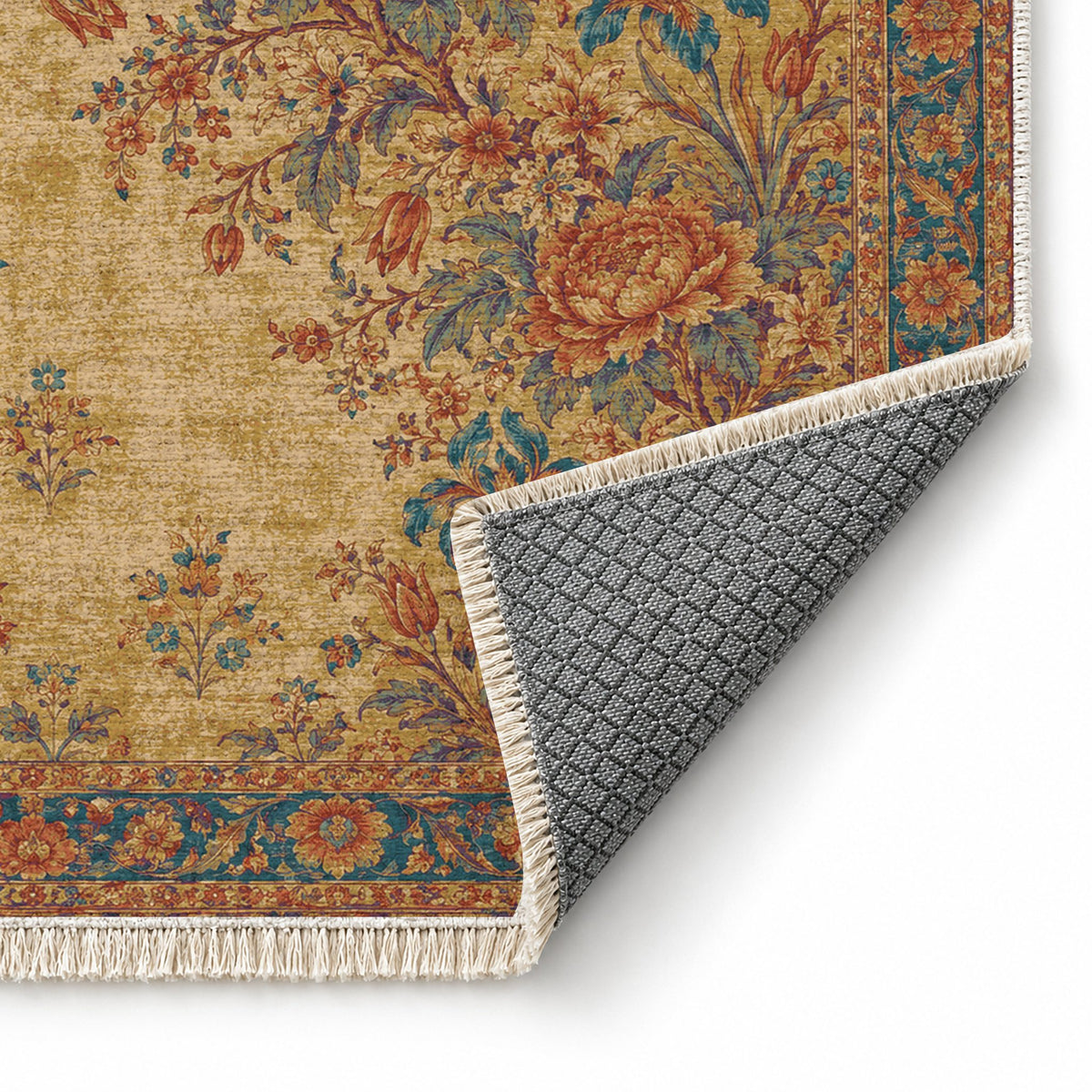 Peony Cascade Peacock & Ochre washable rug folded corner showing the backing