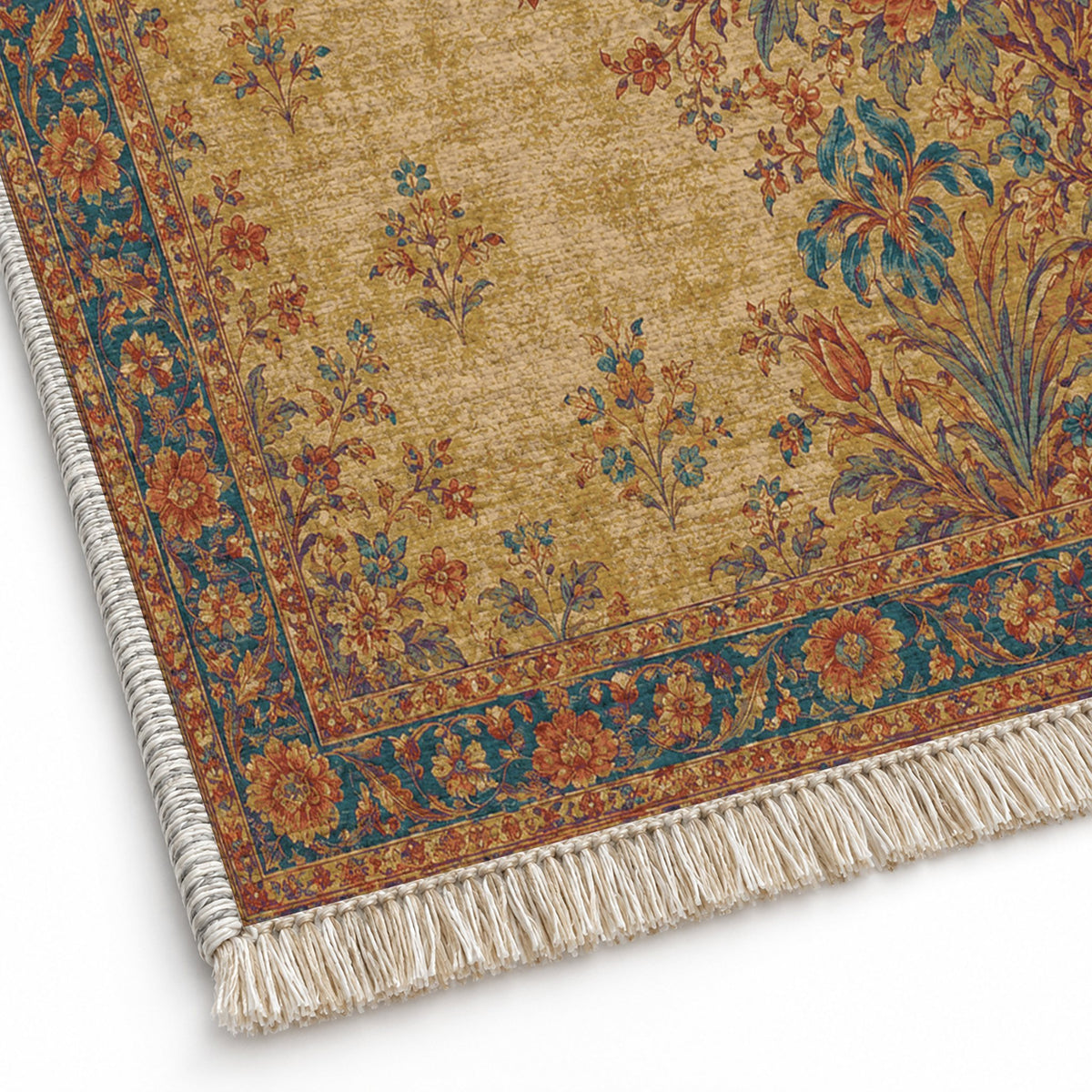 Peony Cascade Peacock & Ochre washable rug close-up of the printed chenille