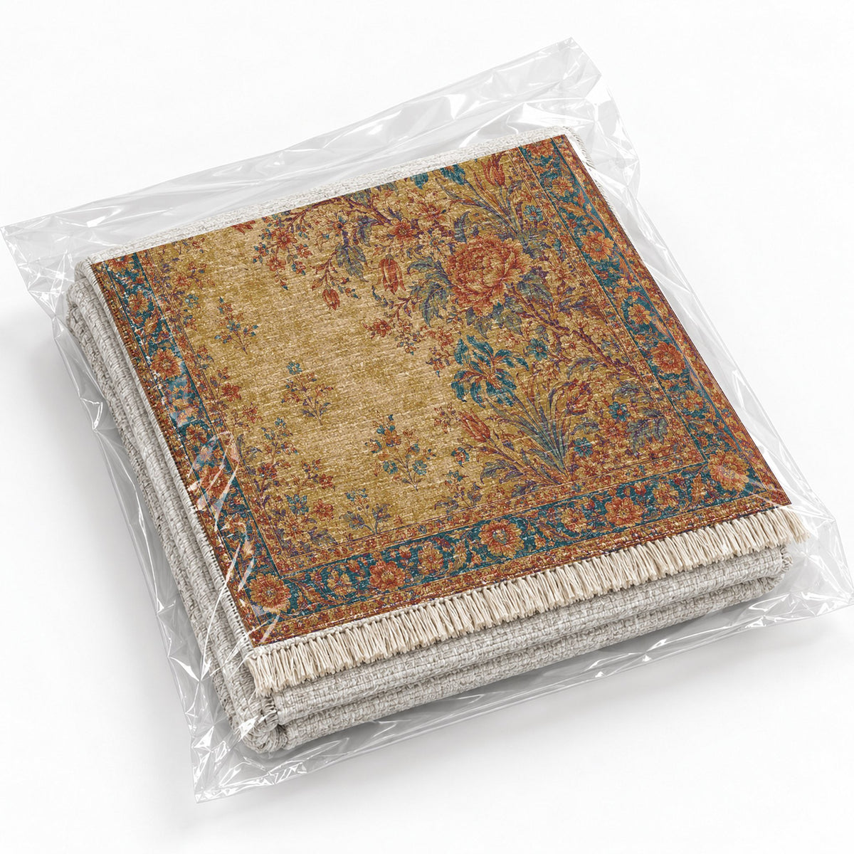 Peony Cascade Peacock & Ochre washable rug rolled and packaged