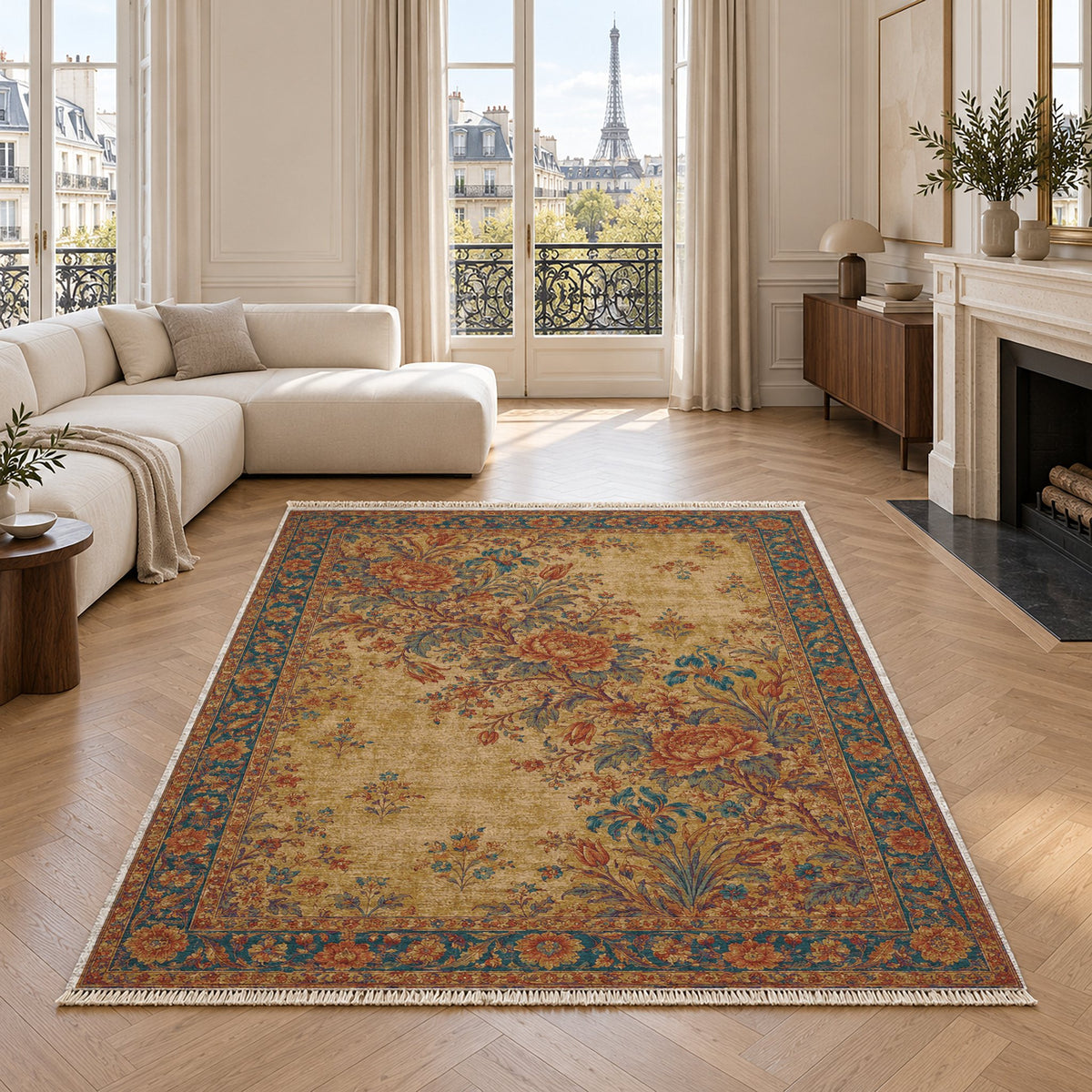 Peony Cascade Peacock & Ochre washable rug in a living room with an Eiffel Tower view