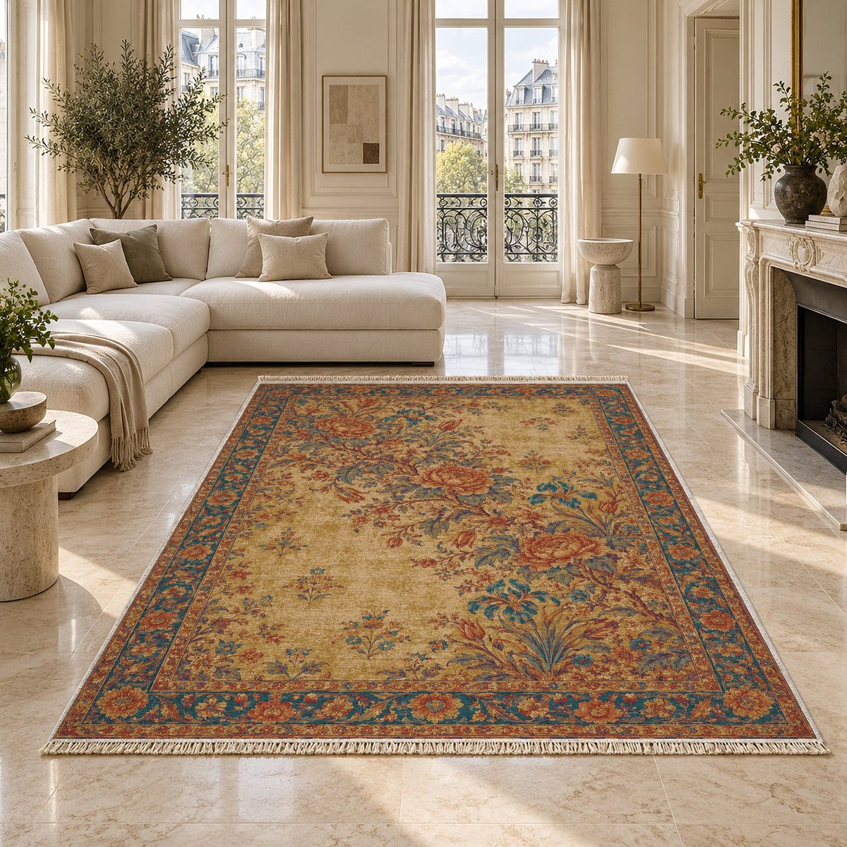 Peony Cascade Peacock & Ochre washable rug on a marble floor