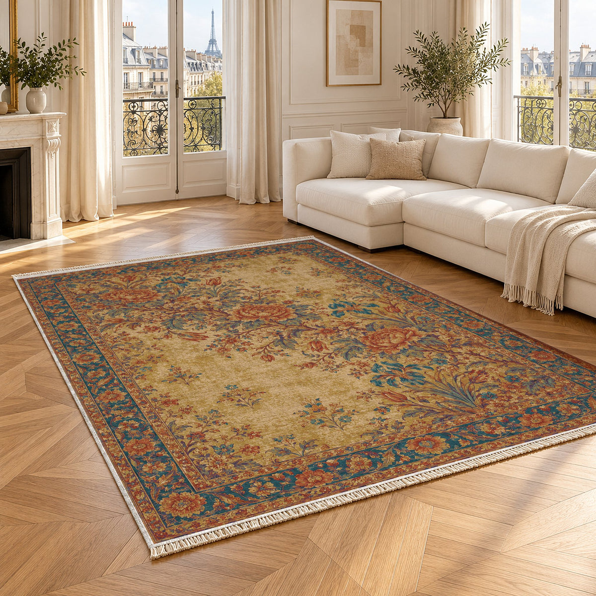 Peony Cascade Peacock & Ochre washable rug angled room view