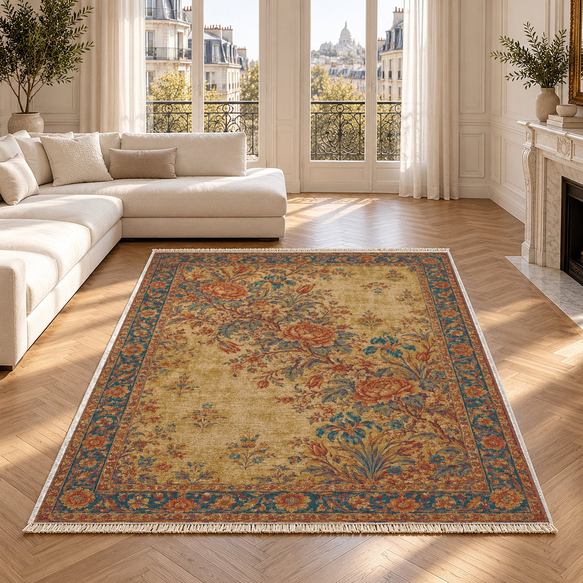 Peony Cascade Peacock & Ochre washable rug in a Paris living room