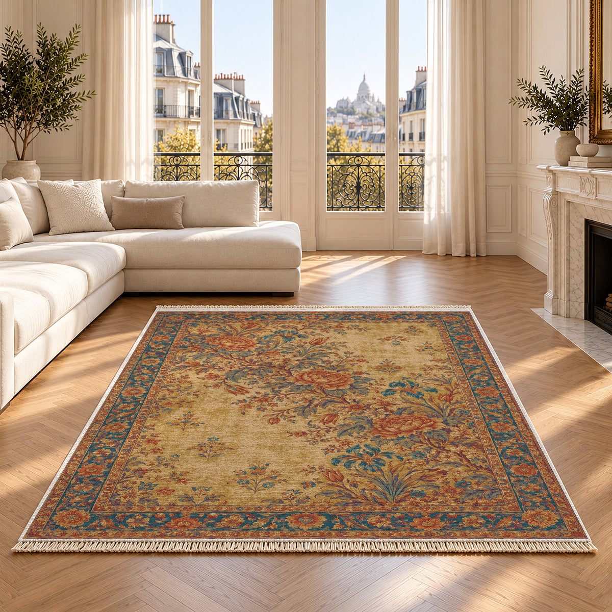 Peony Cascade Peacock & Ochre washable rug on an oak floor