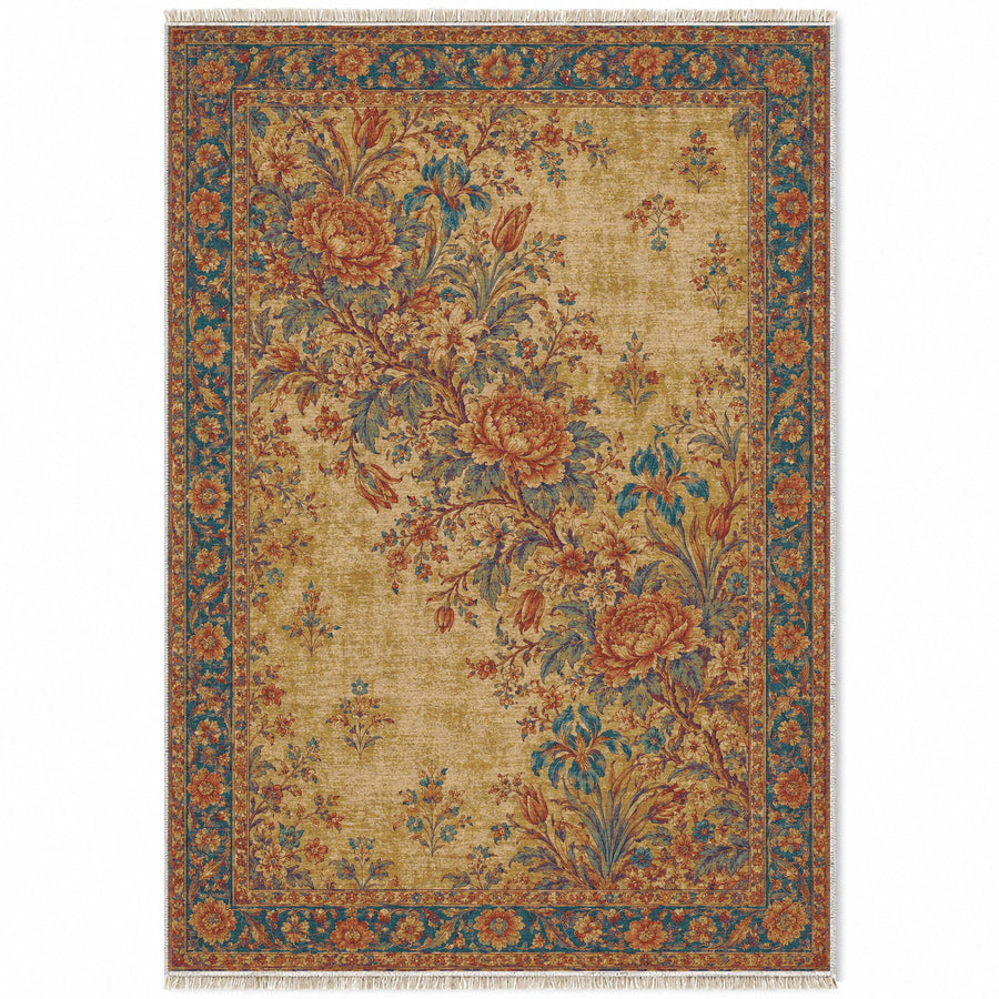 Peony Cascade Peacock & Ochre Mughal Washable Rug