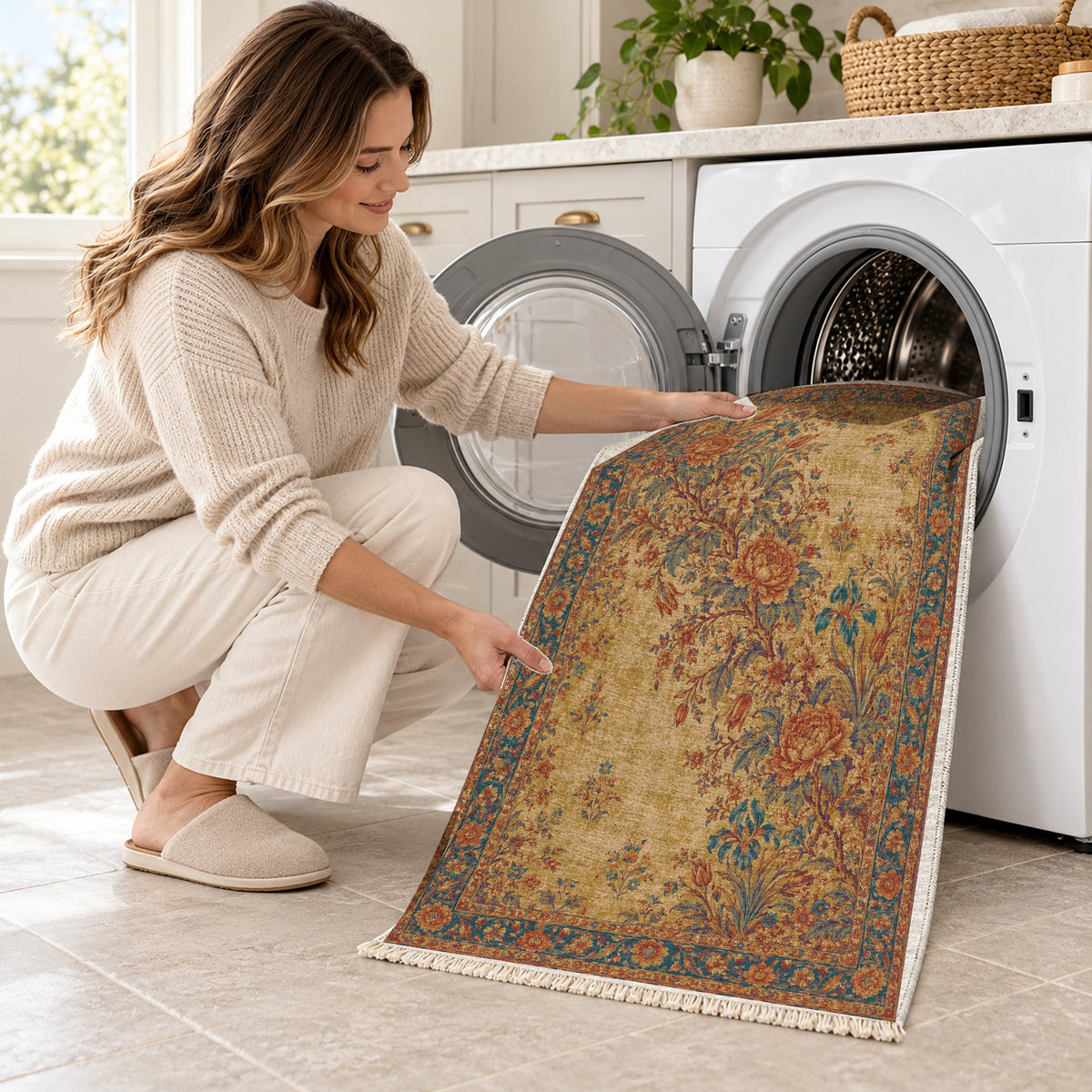 Peony Cascade Peacock & Ochre washable rug being loaded into a washing machine