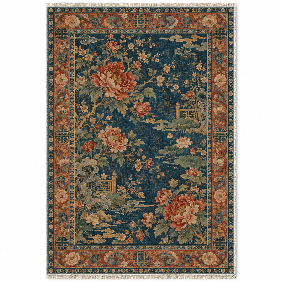 Peony Hall Indigo & Rust Oriental Washable Rug
