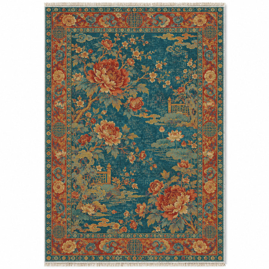 Peony Hall Peacock & Ochre Oriental Washable Rug